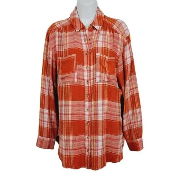 Anthropologie Pilcro Relaxed Plaid Buttondown Shirt Size M Orange - Picture 3 of 11